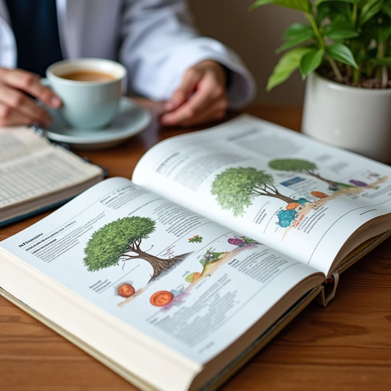 Mesa de estudo com materiais de biologia.
