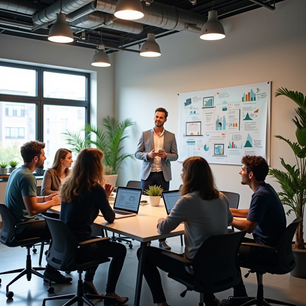 Equipe diversa trabalhando em estratégias de SEO em escritório moderno.