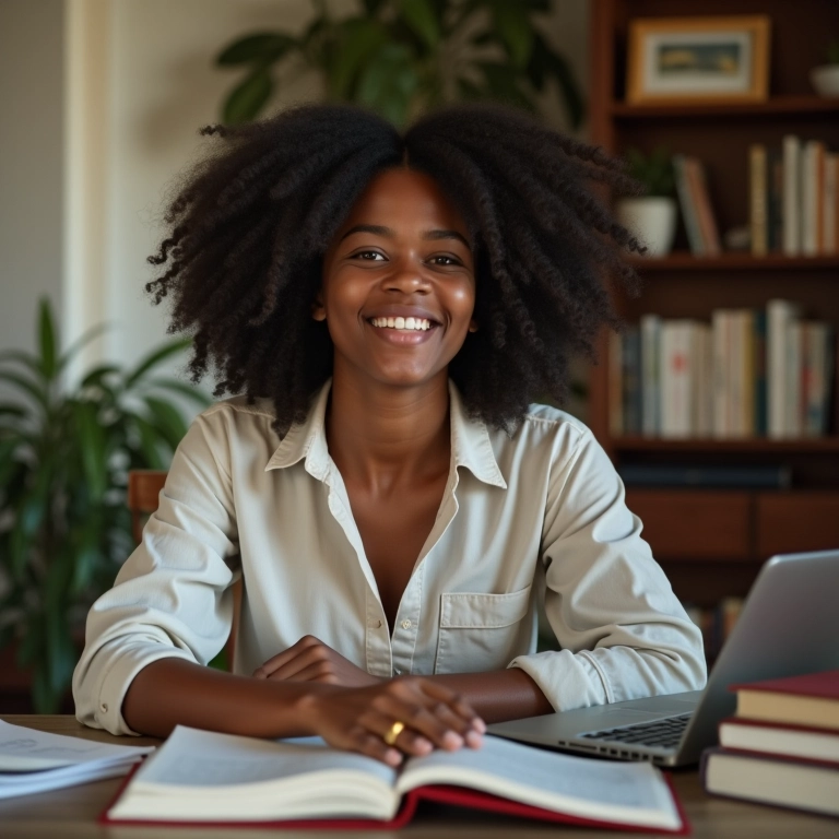Mulher afro-brasileira sorrindo estudando em escritório aconchegante, representando os motivos para uma segunda graduação.