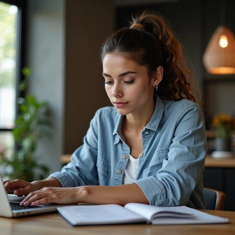 Mulher analisa dados de marketing digital em coworking moderno, com elementos de design brasileiro.