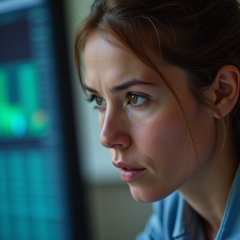 Mulher analisando dados com atenção em ambiente de trabalho.