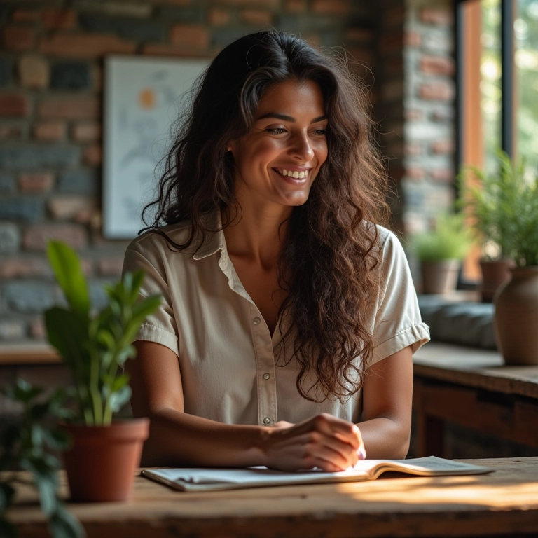 Mulher brasileira desenvolvendo habilidades em workshop de carreira.