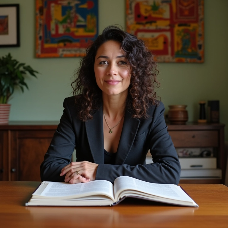 Mulher brasileira estudando para MBA em ambiente de trabalho com decoração vibrante.