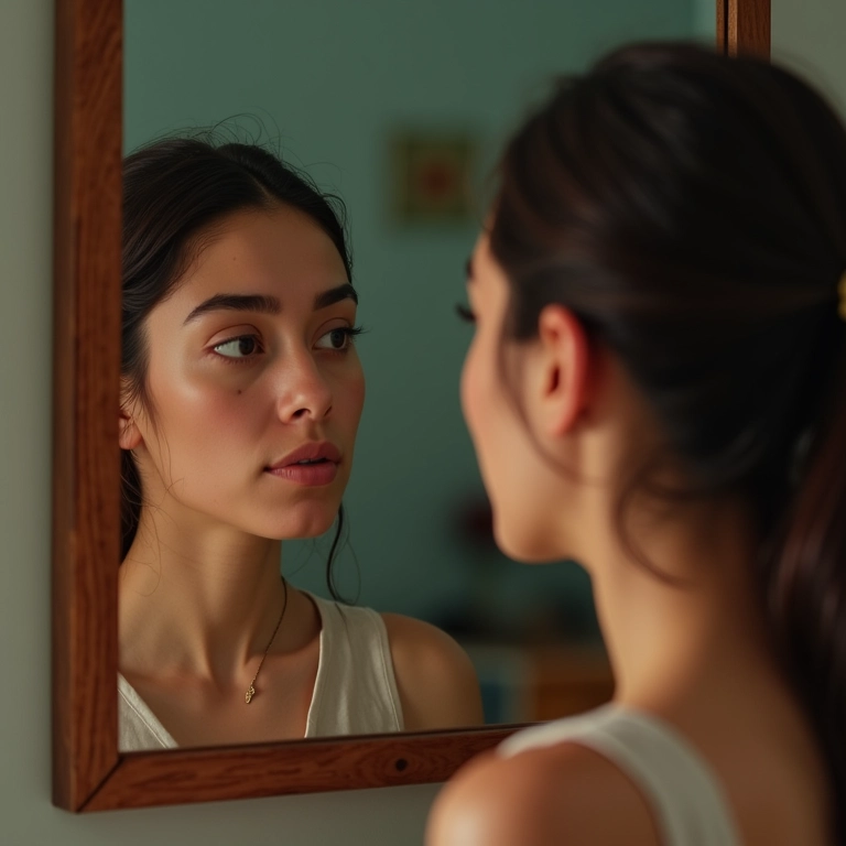 Mulher brasileira refletindo sobre sua carreira em frente ao espelho.