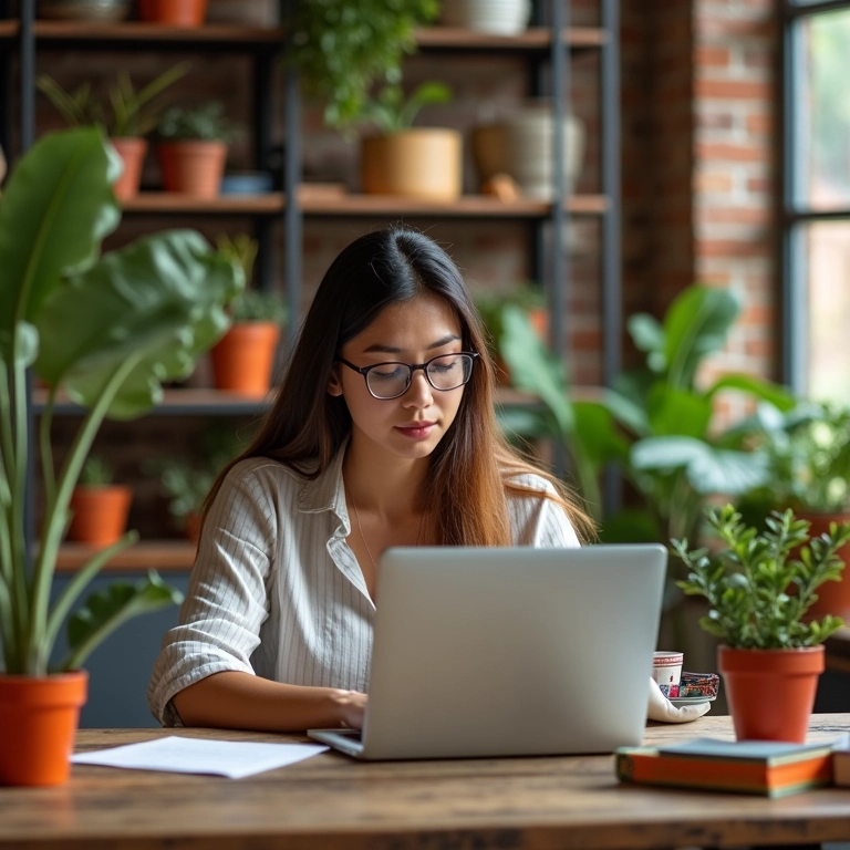 Mulher categoriza cursos no laptop em home office.