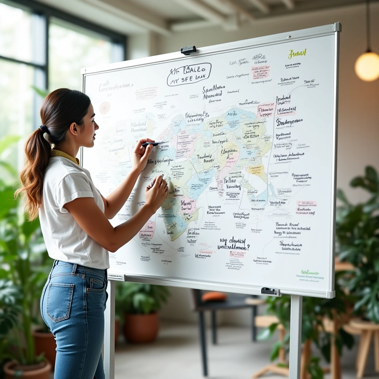Mulher desenhando mapa do tesouro financeiro em quadro branco.