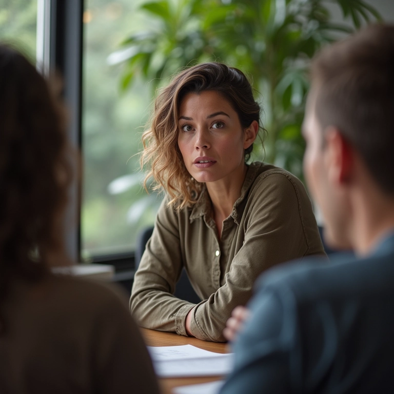 Mulher lidera reunião de equipe, demonstrando habilidades de resolução de problemas.