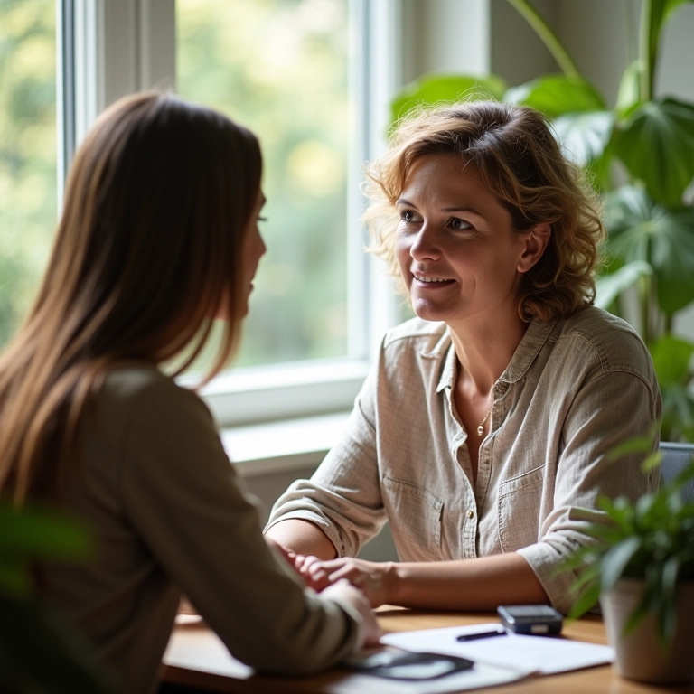 Mulher madura mentorando jovem profissional em escritório ensolarado.