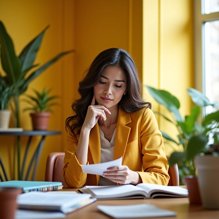 Como Fazer uma Autoavaliação Profissional Honesta e Útil Mulher profissional faz autoavaliação em escritório vibrante.