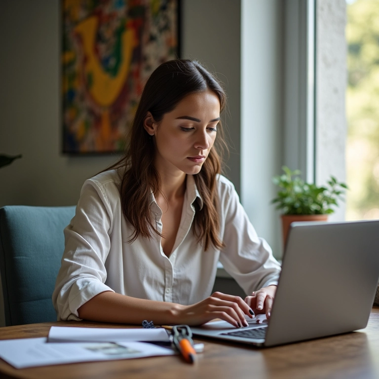 Mulher trabalhando em projeto pessoal em espaço de trabalho criativo.