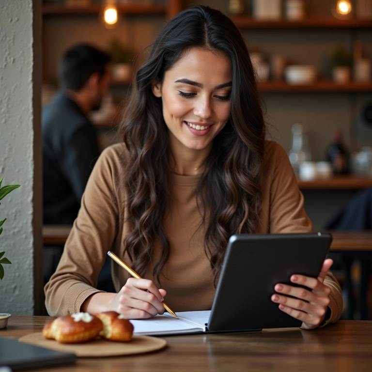 Mulher utilizando OneNote em um tablet em uma cafeteria aconchegante.
