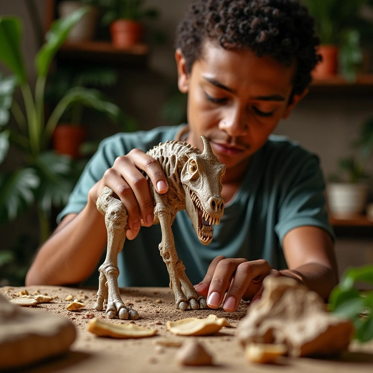 Paleontóloga analisando fósseis de animais extintos em laboratório com decoração brasileira.