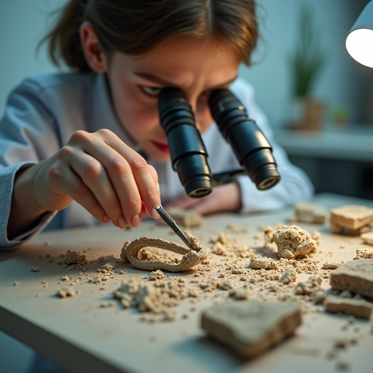 Paleontólogo estudando células fossilizadas de plantas através de um microscópio.