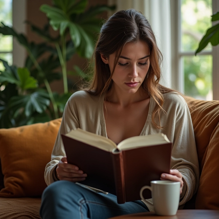 Pessoa lendo livro em sala de estar aconchegante com decoração brasileira.