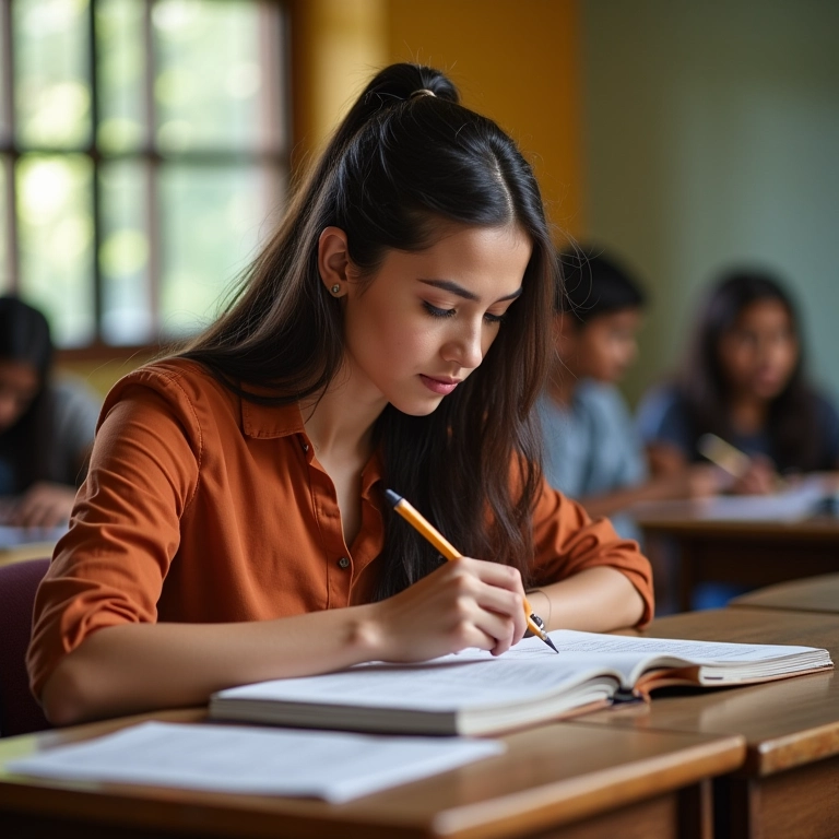 Professora avaliando trabalhos de alunos.