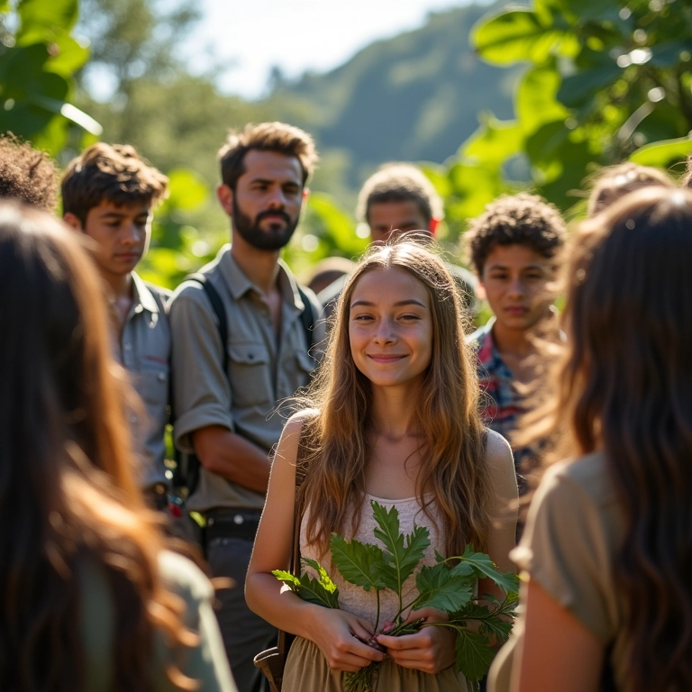 Professora ensinando botânica para alunos ao ar livre.
