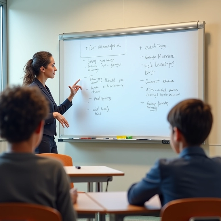 Professora explicando conceito em lousa para aluno.