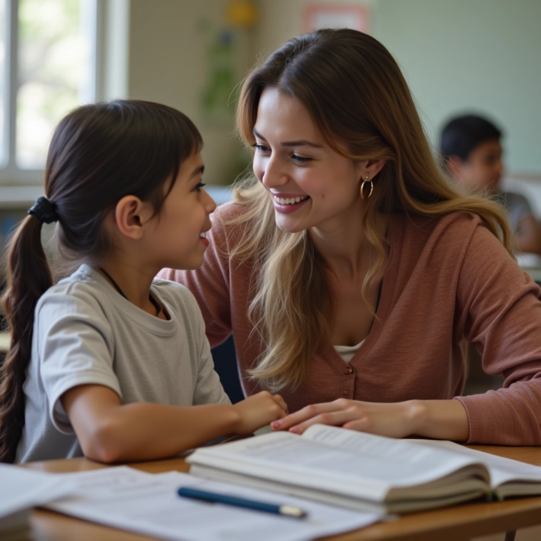 Professora incentivando aluna com dificuldades.