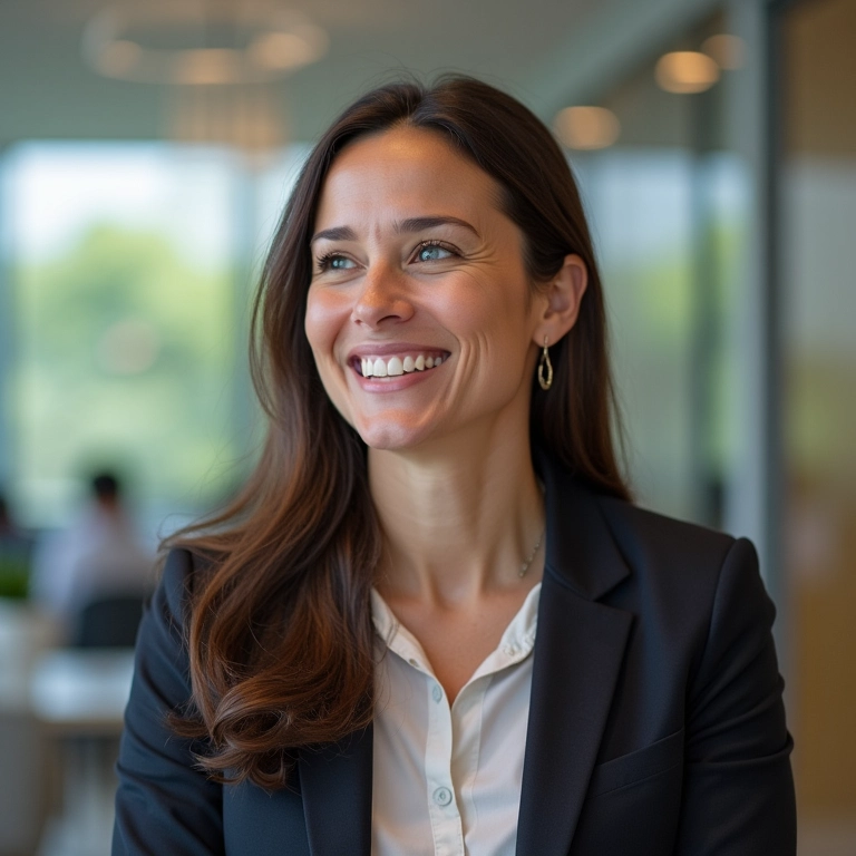 Professora sorrindo durante entrevista de emprego.