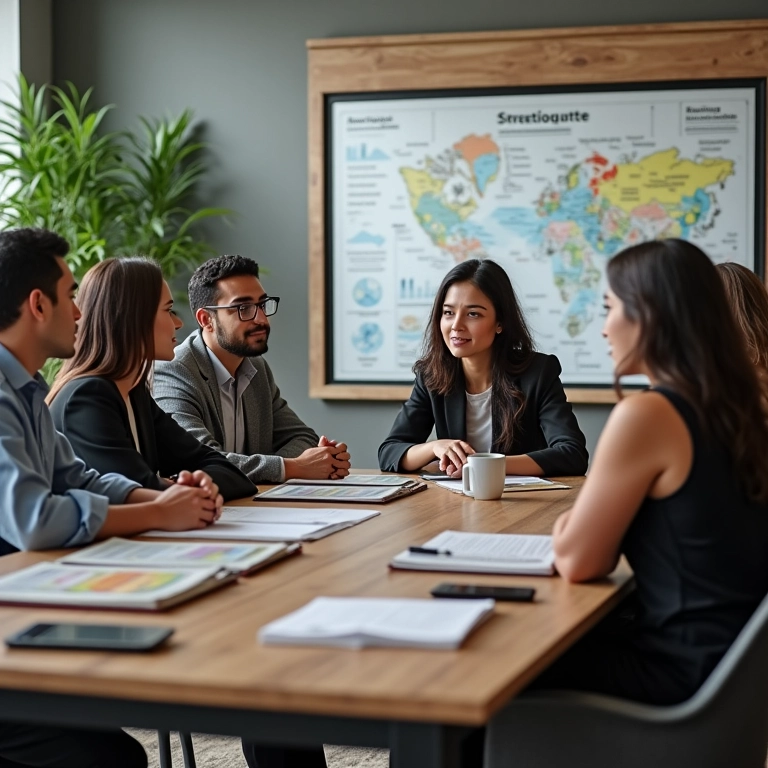 Profissionais brasileiros definindo objetivos de carreira em reunião.