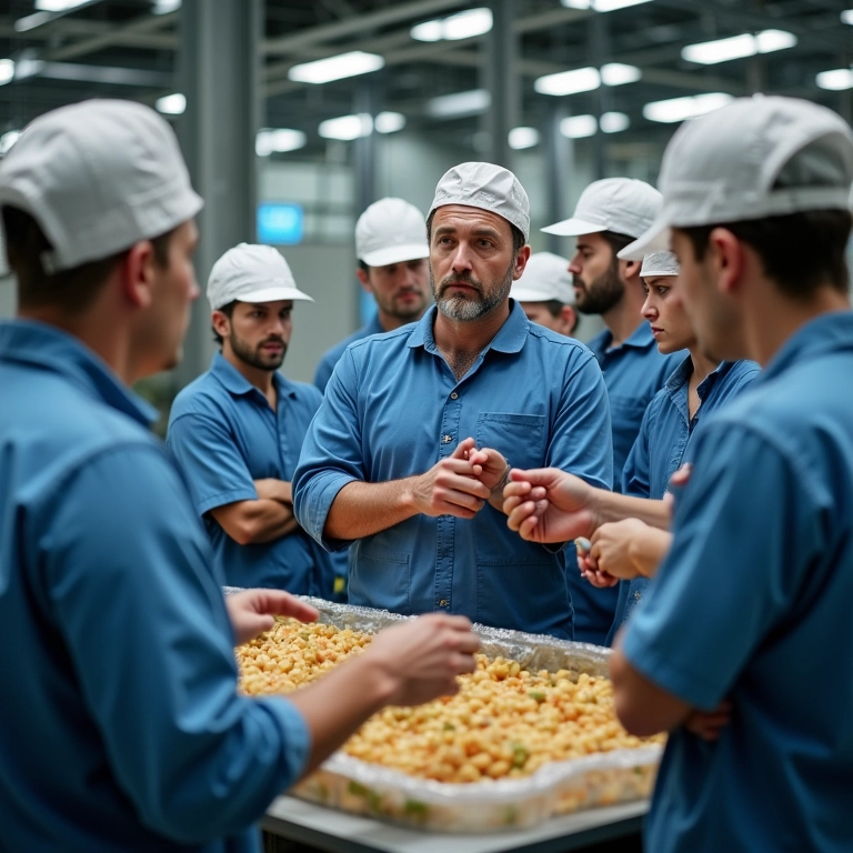 Profissionais discutindo nutrição animal em indústria de alimentos.