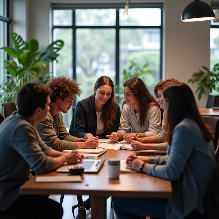 Como Funciona a Aprendizagem Profissional na Prática Profissionais diversos colaborando em um espaço de coworking moderno.
