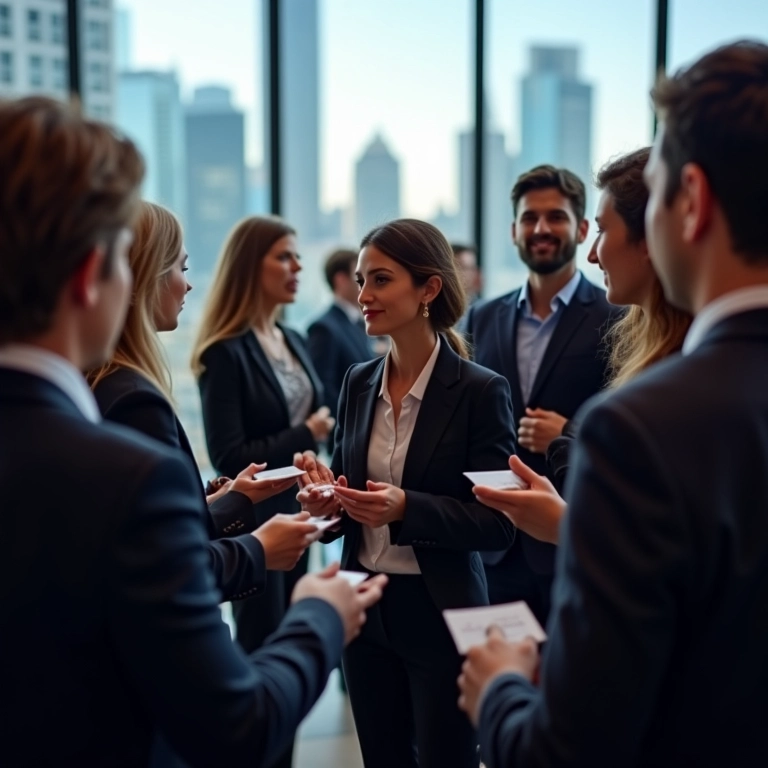 Profissionais diversos trocando cartões de visita em evento de networking.
