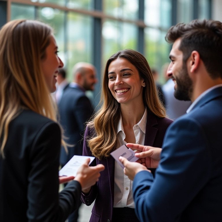 Profissionais diversos trocando cartões de visita em uma conferência de marketing, sorrindo e vestidos casualmente em um ambiente brasileiro.