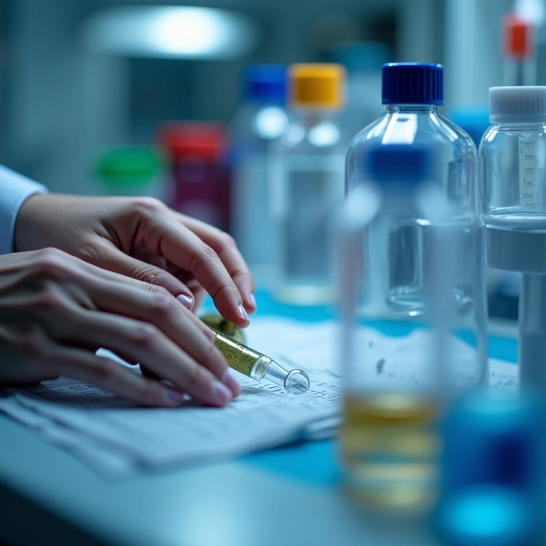 Profissionais realizando análises clínicas em laboratório.