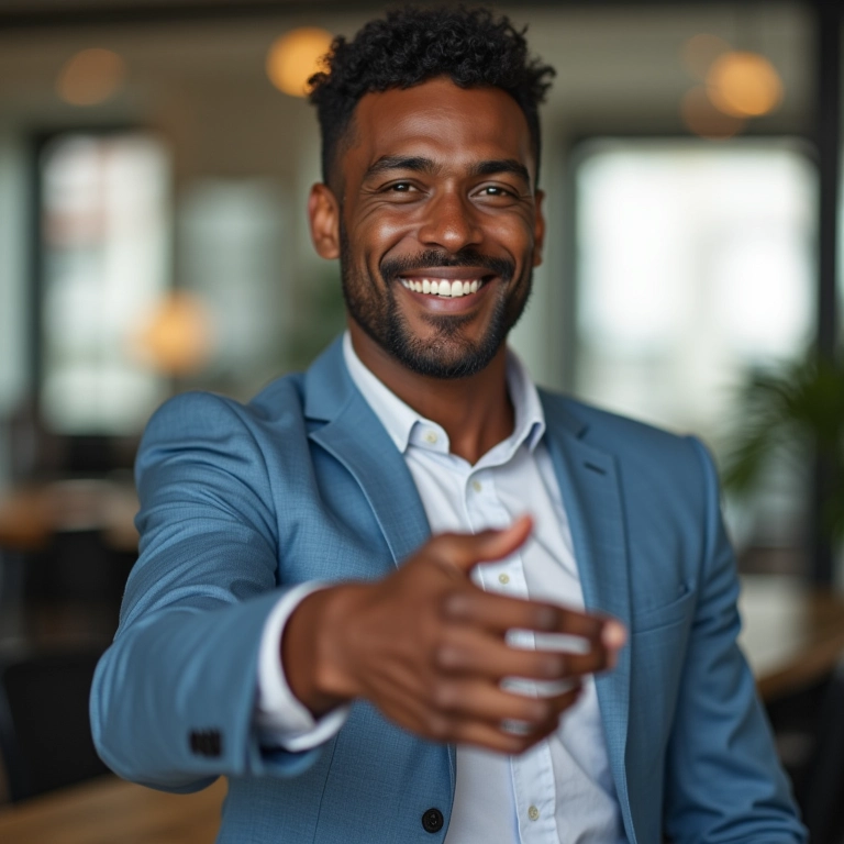 Profissional brasileiro sorrindo após negociar salário com sucesso.