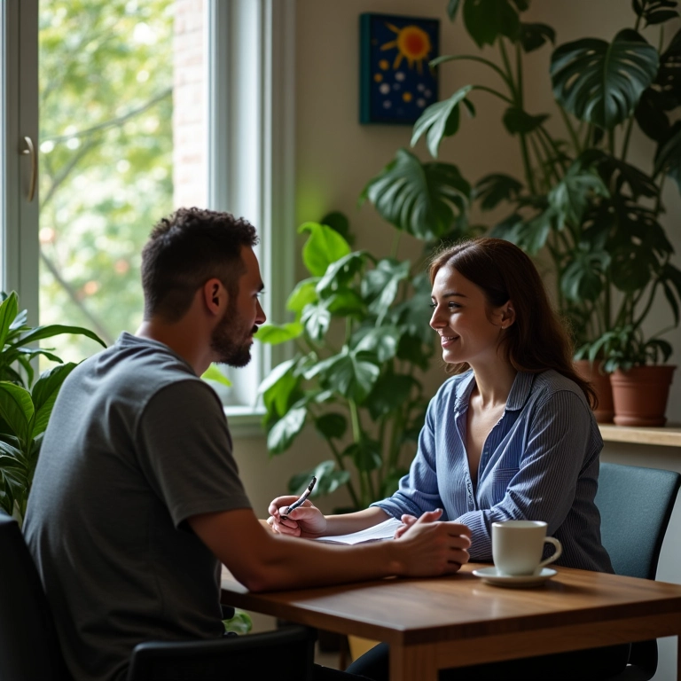 Psicóloga ouvindo paciente em consultório.