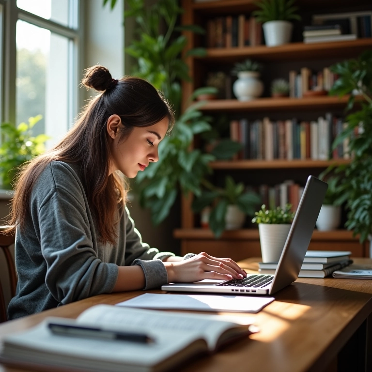 Redatora escrevendo textos persuasivos em um escritório aconchegante.