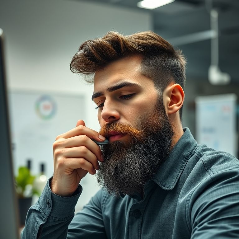 Trabalhador brasileiro higienizando a barba na mesa do escritório.
