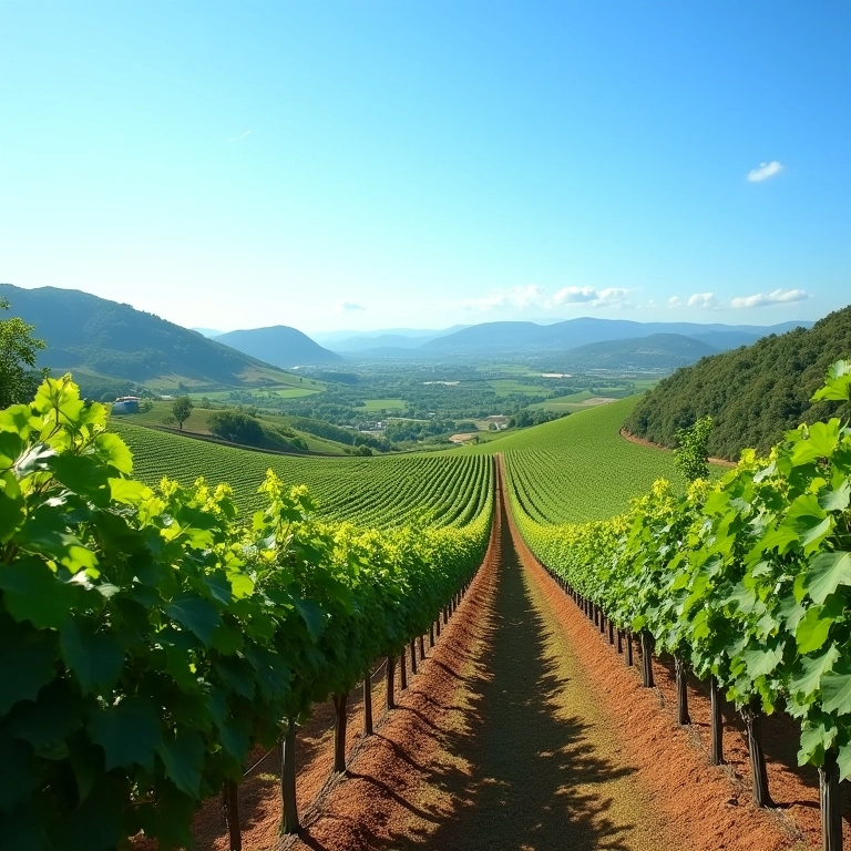 Vinhedo exuberante com colinas sob céu azul.