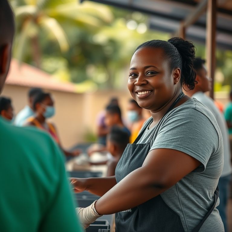 Voluntário ajudando em um evento comunitário local, enfatizando atividades extracurriculares.