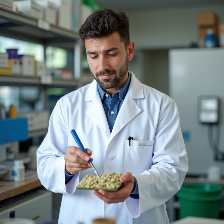 Zootecnista analisando amostras de ração animal em laboratório.