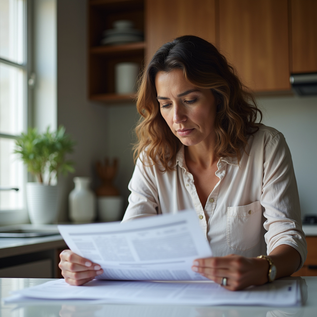 8K quality, sharp focus, hyper-realistic photo of a woman in her 40s, of mixed ethnicity, reviewing Mulher analisando plano de negócios para loja de móveis de cozinha.