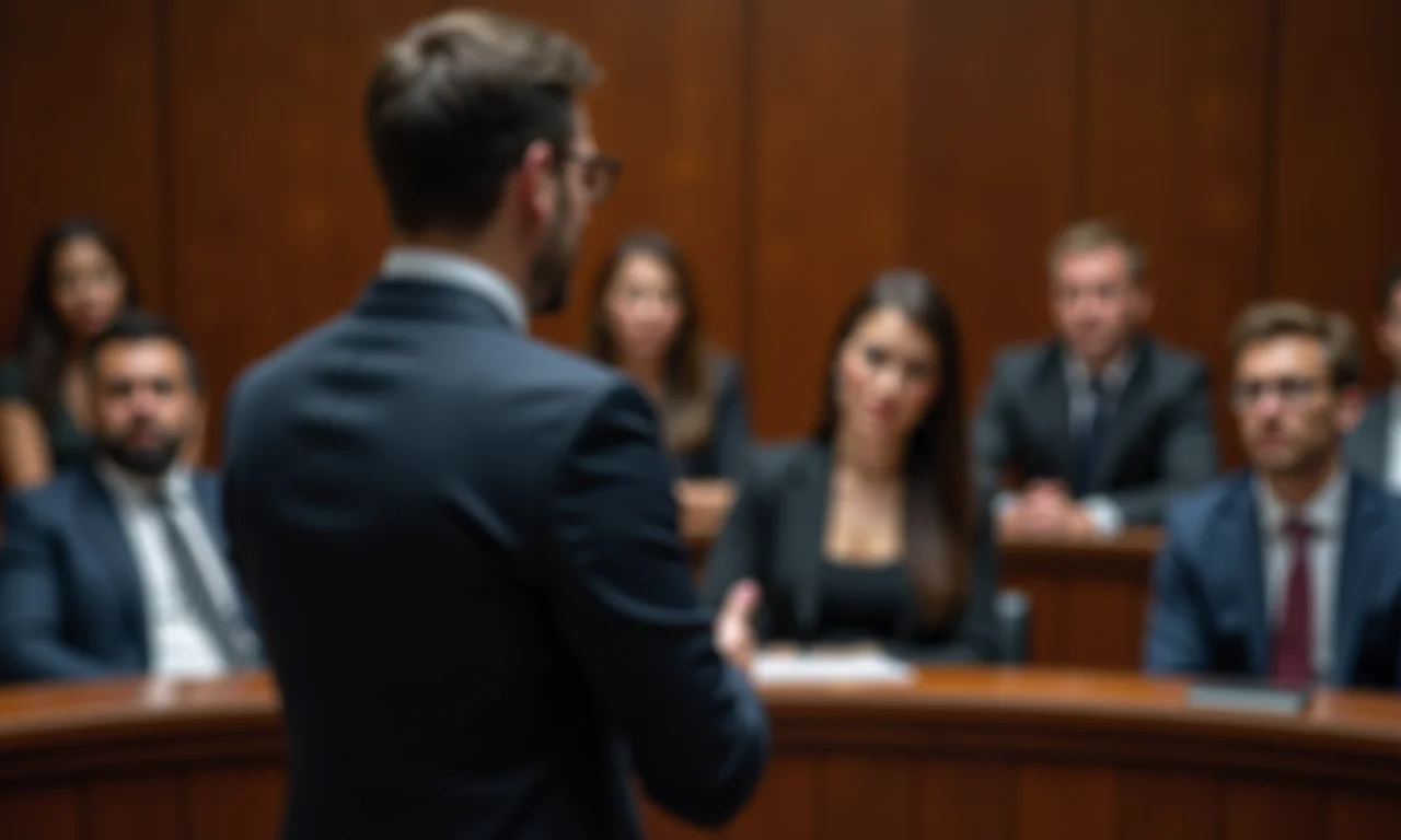 Advogado apresentando caso em tribunal com convicção.