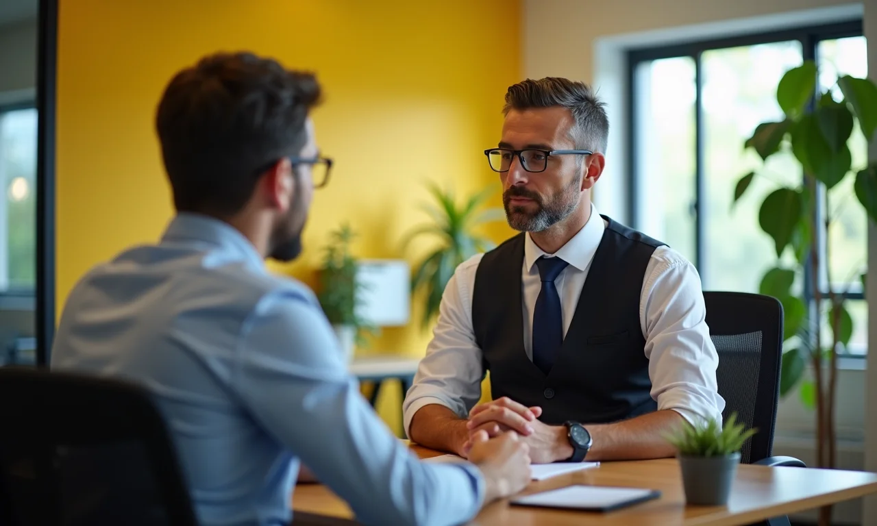 Advogado brasileiro aconselhando um trabalhador em um escritório colorido.