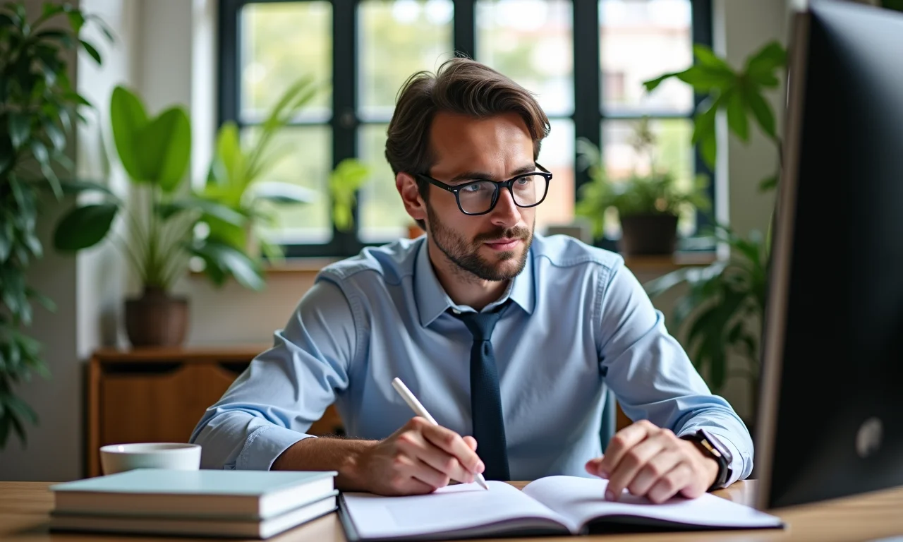 Advogado pesquisando jurisprudência em computador.
