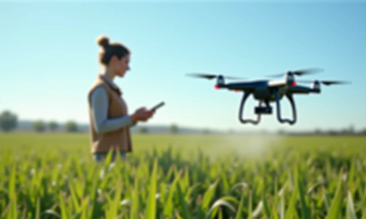 Agrônoma inspecionando drone pulverizando pesticidas em plantação.