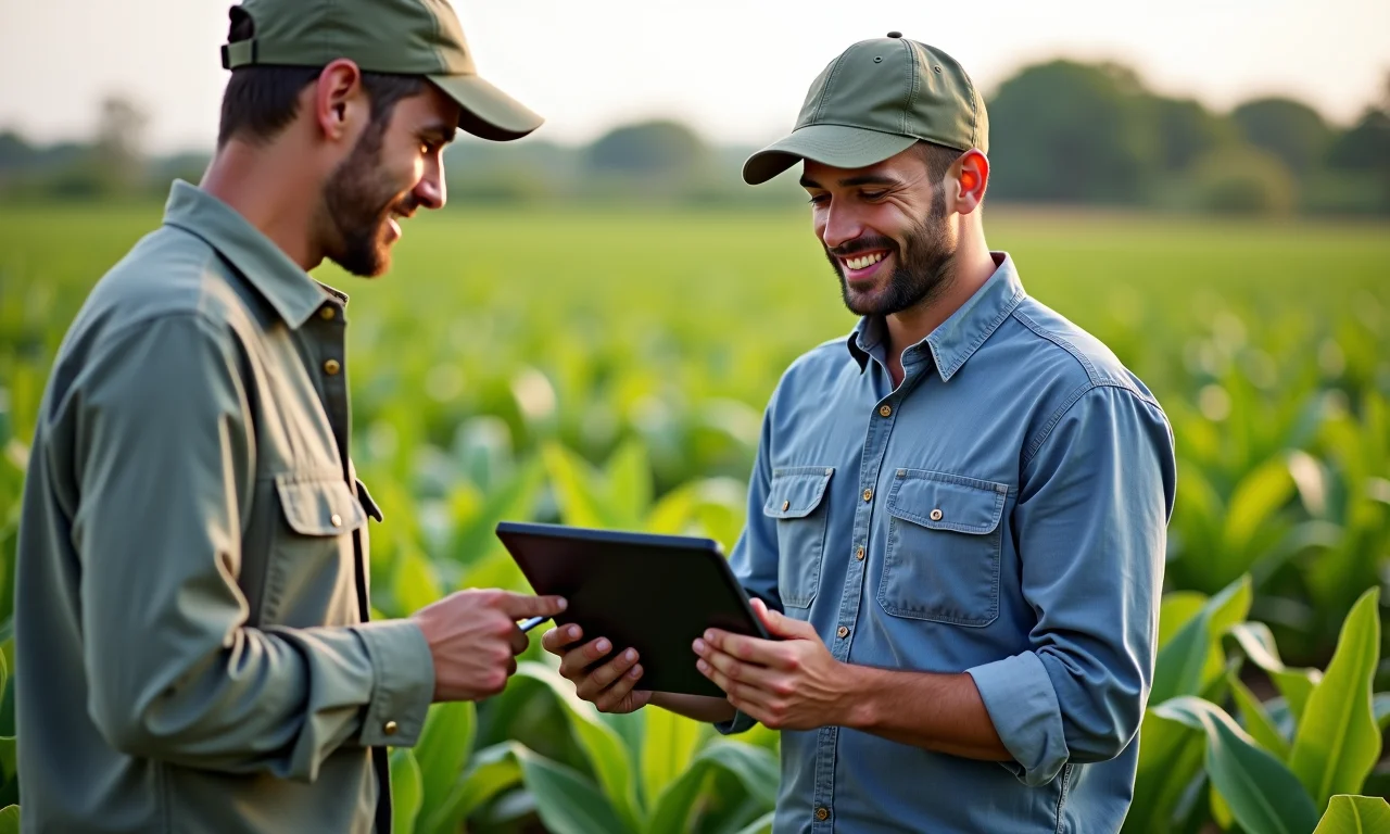 Agrônomo aconselhando agricultor no campo com tablet.