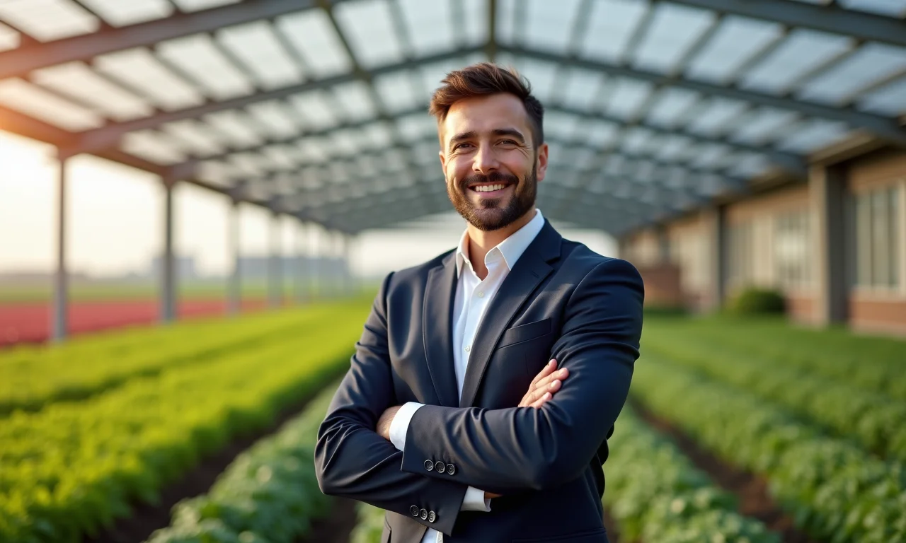 Agrônomo sorrindo em frente a instalação agrícola moderna.
