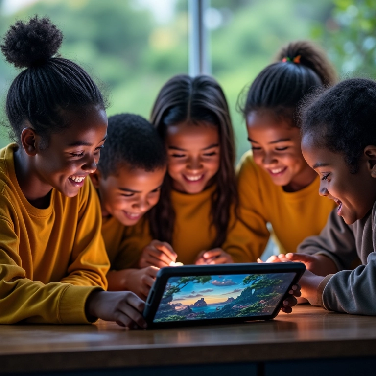 Alunos colaborando em jogo digital educativo com tablets em paisagem brasileira.