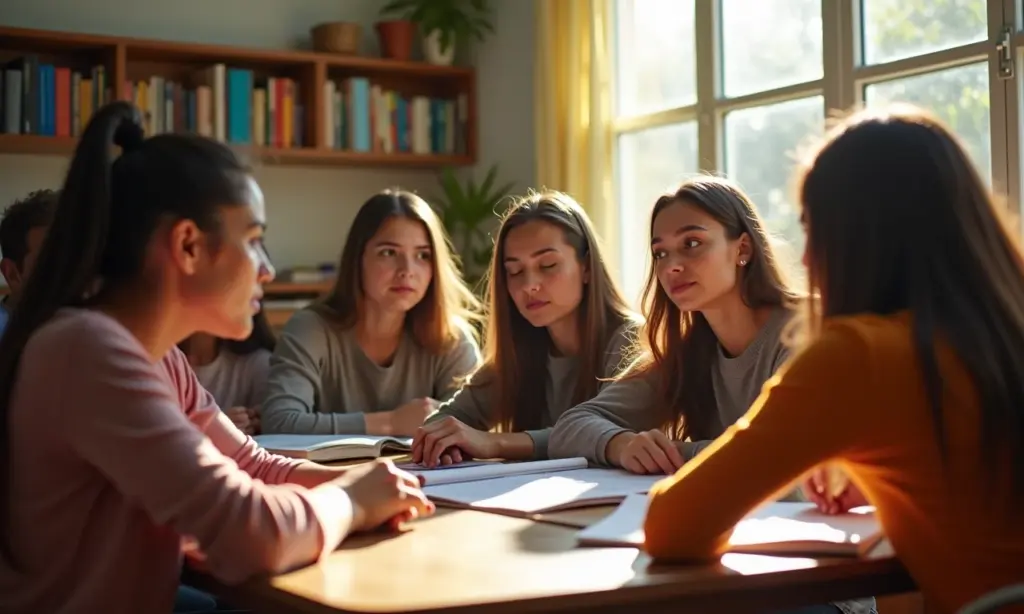 Alunos de cinema diversos discutindo roteiro em sala de aula iluminada.