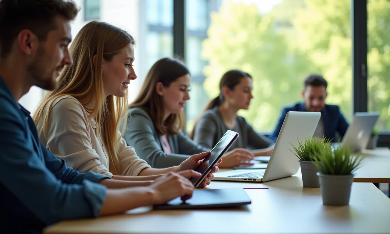 Alunos usando software de acessibilidade em tablets na universidade.