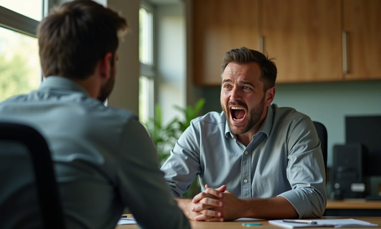 Ambiente de escritório com chefe gritando com funcionário, representando o assédio moral no ambiente de trabalho.