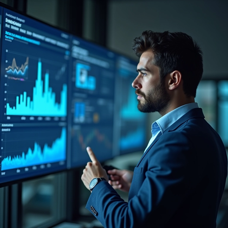 Analista de dados examinando gráficos complexos em uma tela grande.