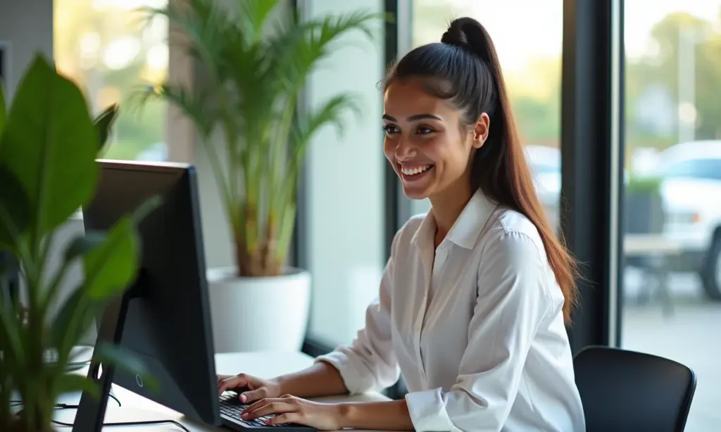 Analista de marketing digital trabalhando em escritório moderno e iluminado.
