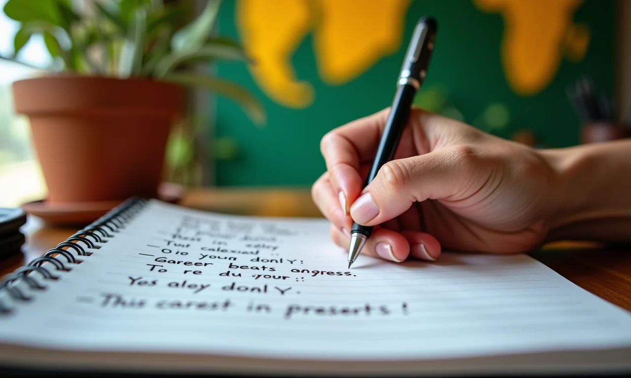 Anotando objetivos de carreira em um caderno.